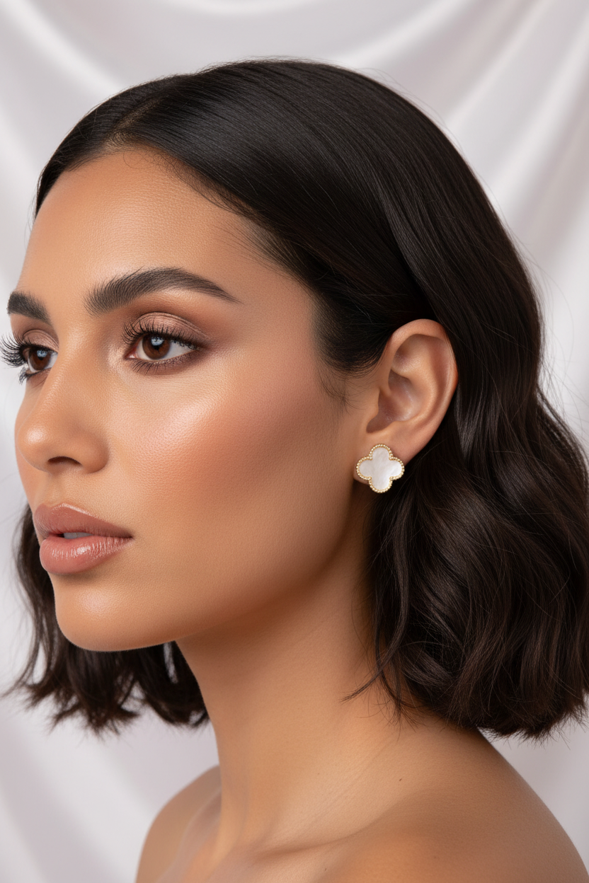 Aretes Trébol Nácar con modelo