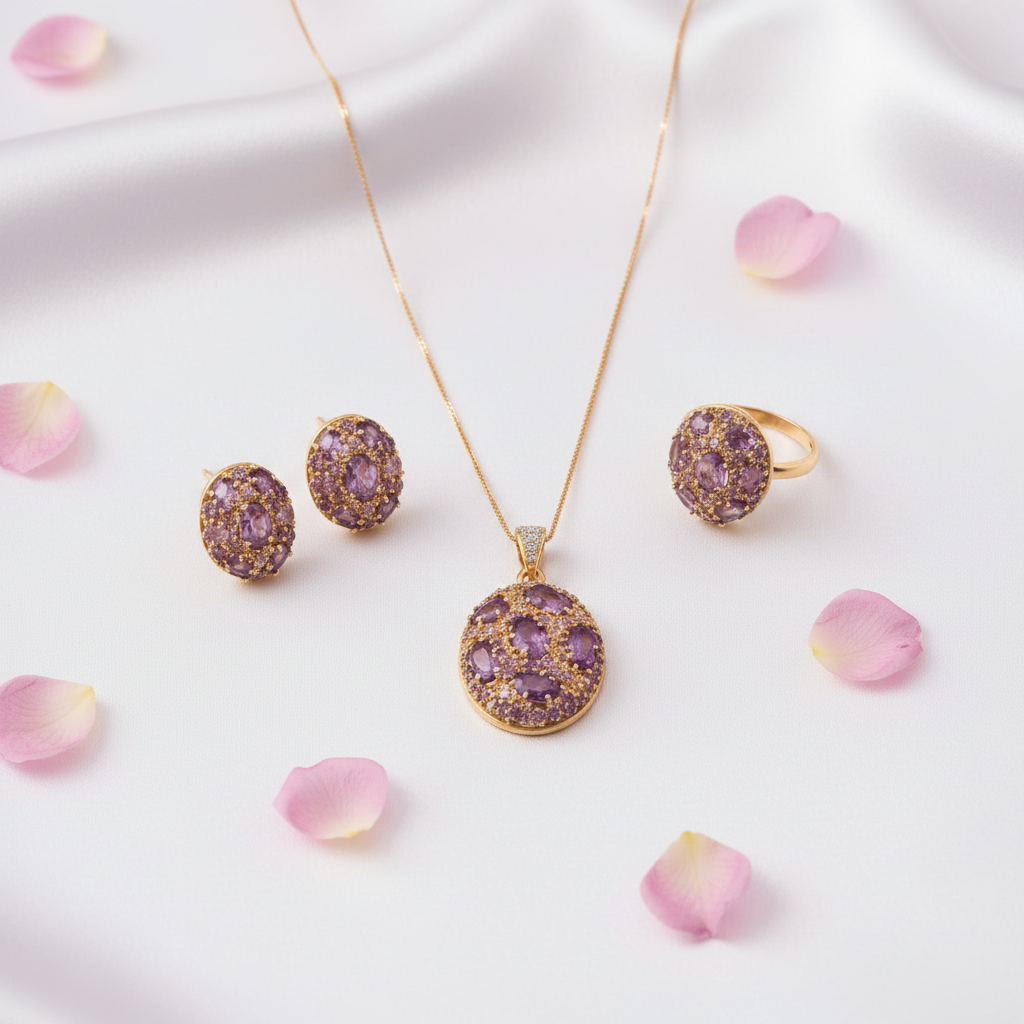 Conjunto amatistas flatlay seda